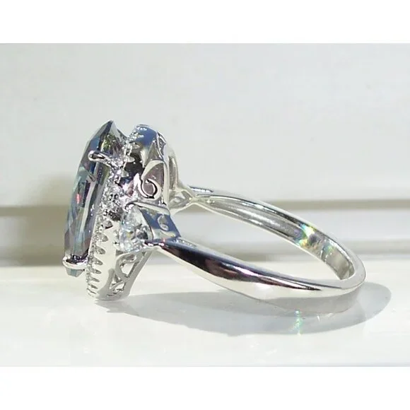 925 Sterling Silver Simulated Mystic Rainbow Topaz CZ Pear Cut Halo Ring - Picture 9 of 16